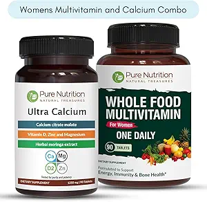Pure Nutrition Ultra Calcium 1000mg et aliments entiers femmes Multivitamines 1500mg pour les os sains, le soutien métabolique, les articulations et le bien-être global. Ultra Calcium 90 Tabs + Multivitamines femmes 90 Tabs.