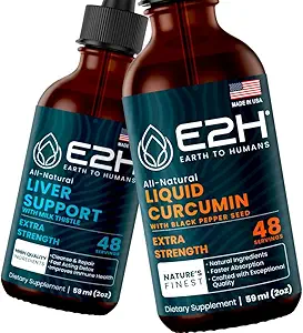 E2H: Supplément de soutien du foie et curcumine curcuma liquide, Vegan, non-OGM - 2 Fl Oz chacun (4 Fl Oz Total) - Ensemble