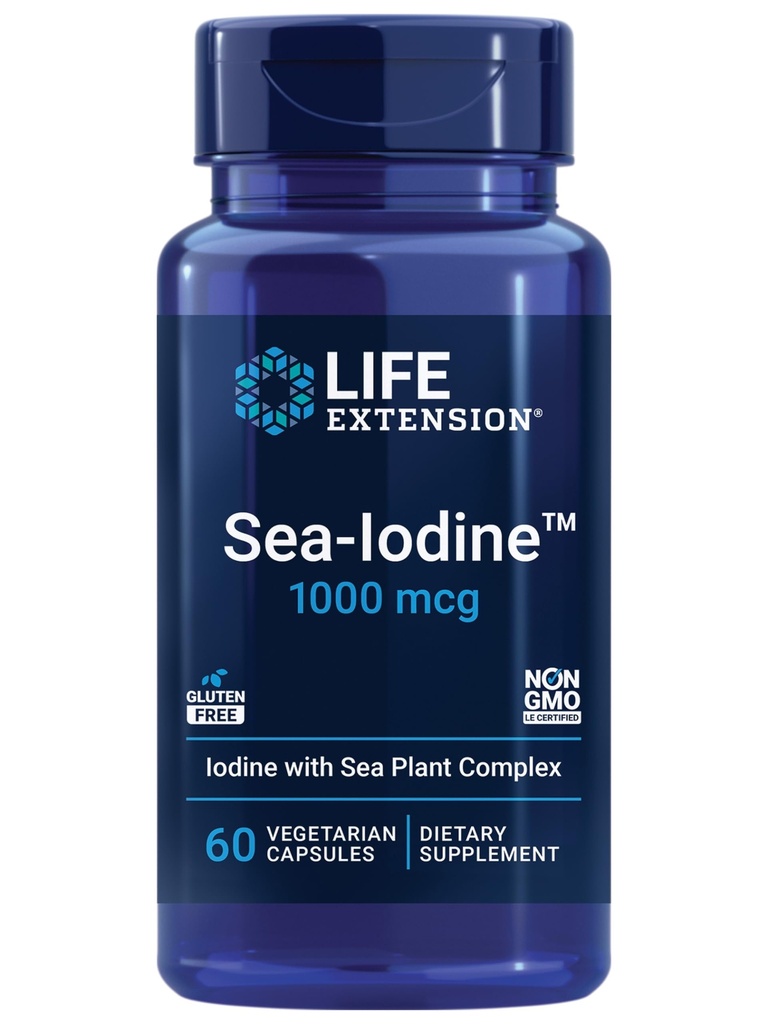 Extension de vie Sea-IodineMC, iode dérivée de varech et de vessie, soutient des niveaux sains de ce nutriment essentiel pour la santé thyroïde et au-delà, non-OGM, sans gluten, végétarien, 60 capsules
