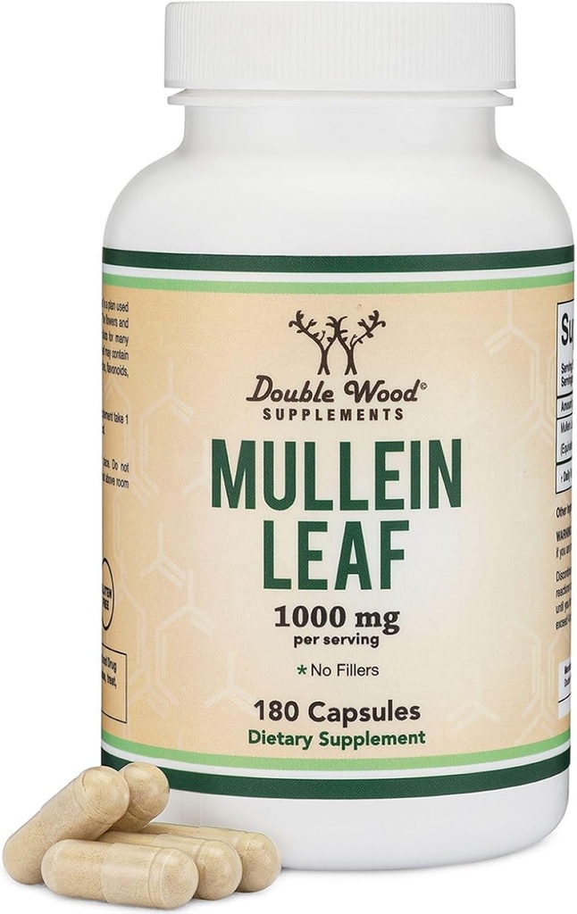 Double Wood Suppléments Mullein Leaf Capsules 10 000 mg Strength, 180 Capsules Vegan sans remplissage, soutient la santé pulmonaire et respiratoire