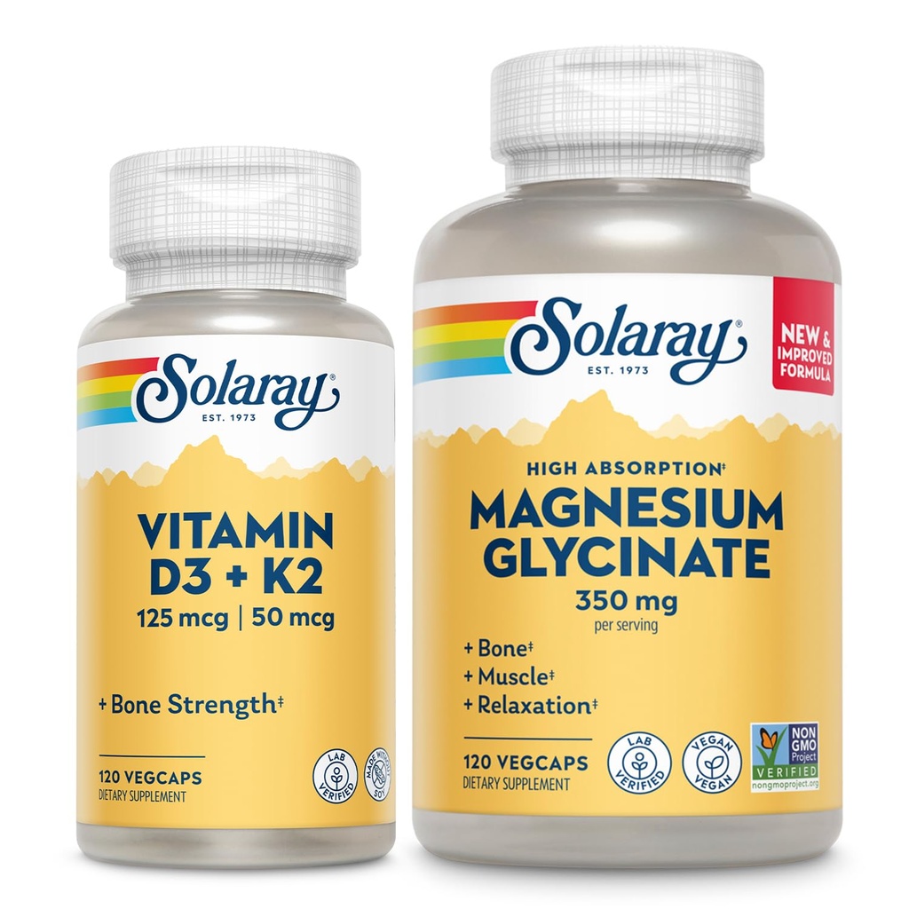 SOLARAY Vitamine D3 K2 et Glycinate de magnésium - Trousse de santé des os - Absorption de calcium, Nerve, Heart and Immune Support w/ 5000 UI Vitamine D, 350mg Magnésium chélaté, garantie de 60 jours, 120ct/120ct
