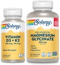SOLARAY Vitamine D3 K2 et Glycinate de magnésium - Trousse de santé des os - Absorption de calcium, Nerve, Heart and Immune Support w/ 5000 UI Vitamine D, 350mg Magnésium chélaté, garantie de 60 jours, 120ct/120ct