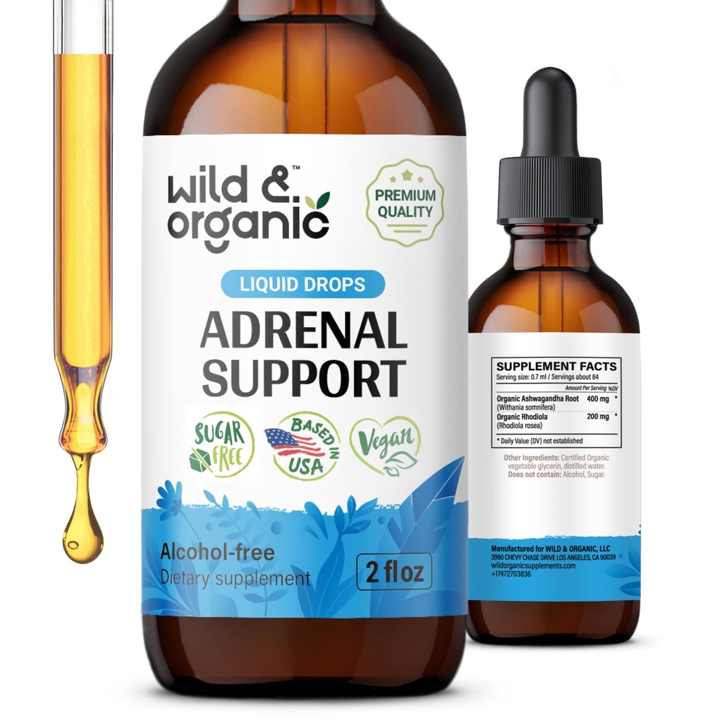Wild & Organic Soutien Adrénal Teinture pour une perspective positive - Complexe Adrénal avec Ashwagandha, Rhodiola Rosea Racine - 1-Mois d'approvisionnement - Vegan, Pas de sucre et d'alcool - 2 fl oz