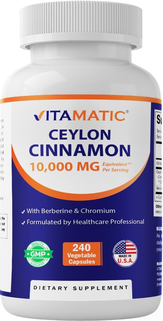 Ceylan vitamatique Cinnamon 10000 mg Équivalent par portion (à partir de 20:1 Extrait 500 mg) avec berbère et chrome - 240 capsules végétales - Non-OGM et sans gluten