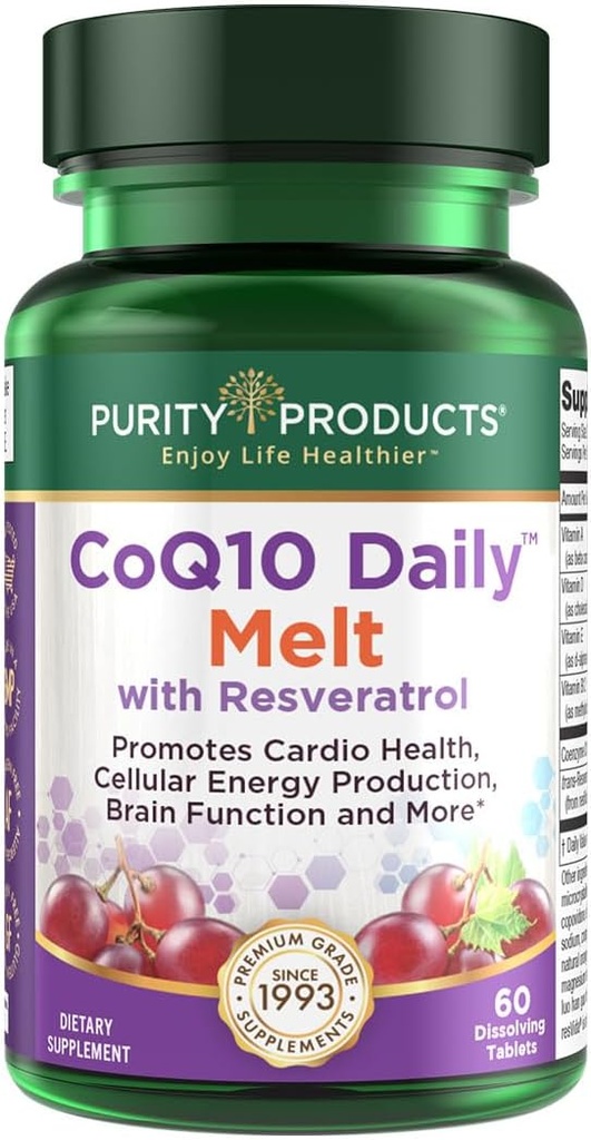 Produits de pureté CoQ10 Daily with Resveratrol Melt 100mg CoQ10-30mg Trans-Resveratrol - Vitamine A, D3, E et B12 (sous forme de méthylcobalamine) - 60 comprimés à dissolution rapide
