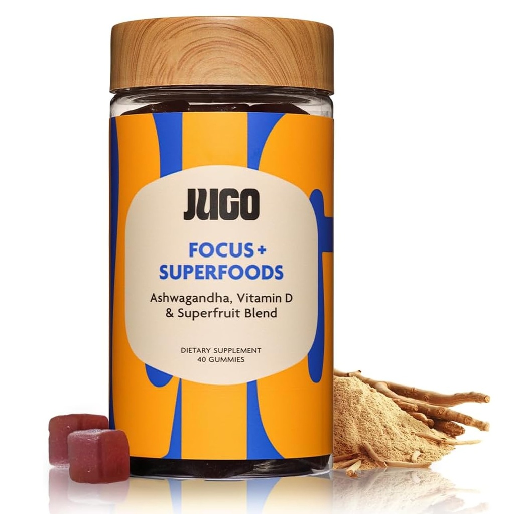 JUGO Focus + SUPERFOODS.S. Ashwagandha Gummies avec vitamine D3 et mélange de superfruit.S. 40 Count Plant - base Adaptogen Gummies.S.O. sans gélatine, sans OGM, fabriqué aux États-Unis