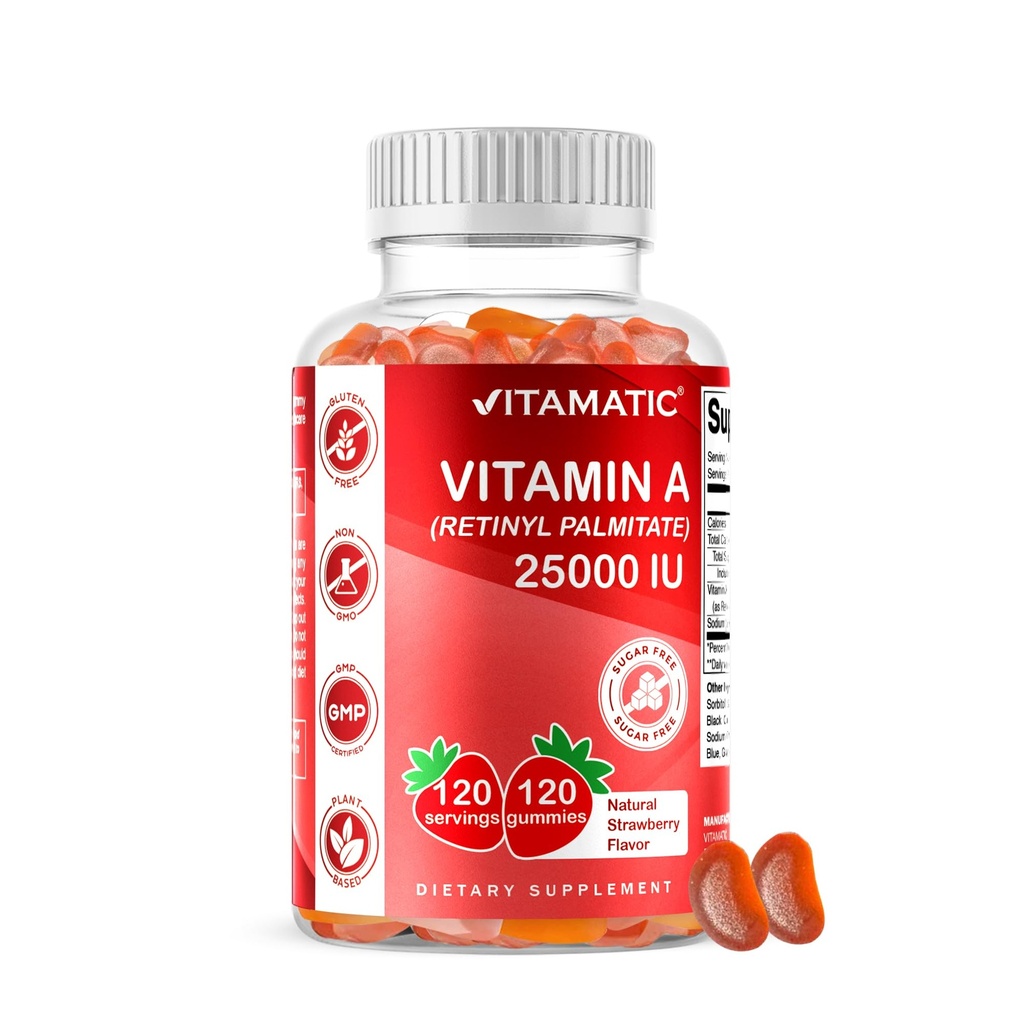 Vitamine sans sucre Vitamine A 25000 UI Gommies (Palmitate de rétinyle) - Saveur naturelle aux fraises - 120 Gommies à base de pectines (1 bouteille)