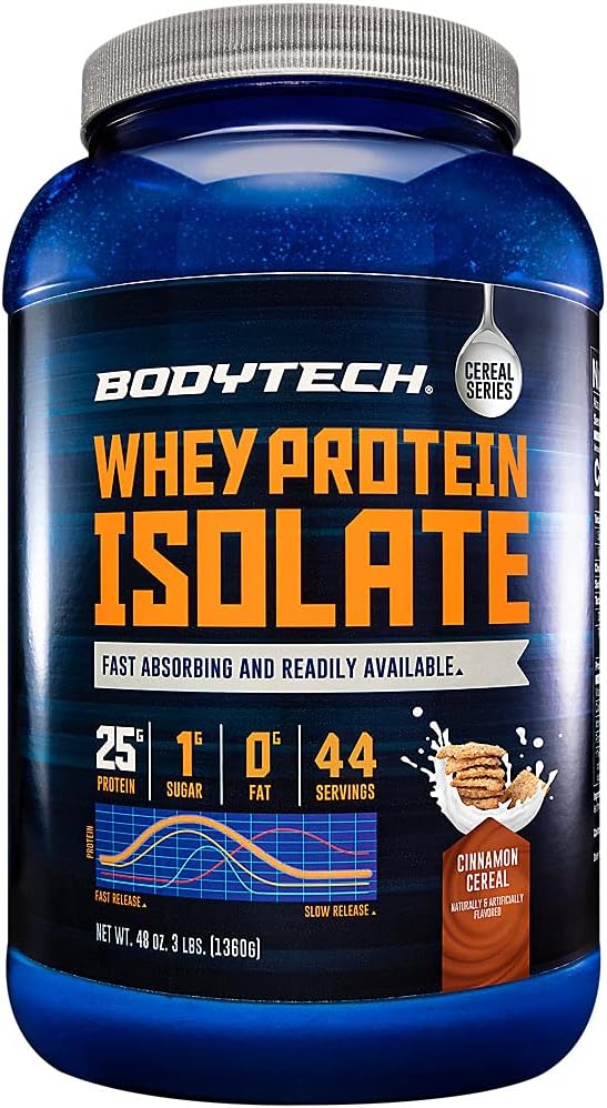 BODYTECH Whey Protein Isolate Powder - with 25 Grams of Protein per Serving & BCAA's - Ideal for Post-Workout Muscle Building & Growth, Contains Milk & Soy - Cinnamon Cereal (3 Pound)