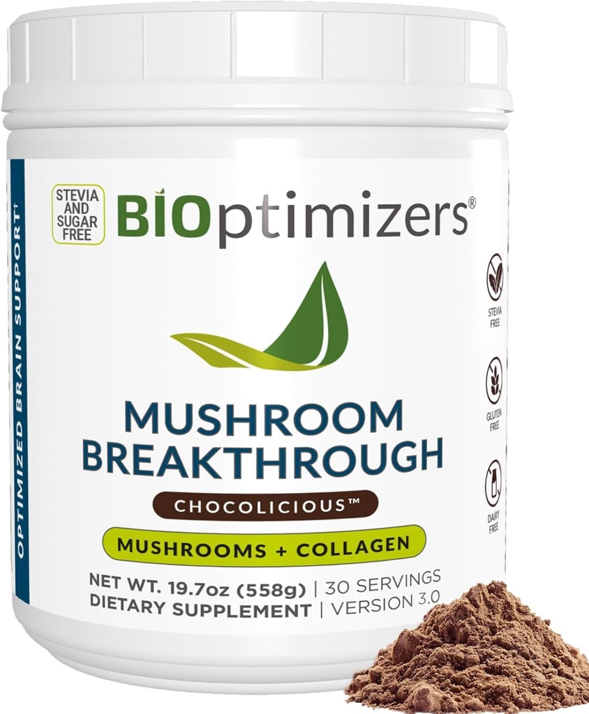 BIOptimizers Café de champignons Alternative – Boissons au chocolat – Lion , Chaga, Reishi + Collagen Peptides pour Focus, Energy & Gut Health – Champignons adaptogènes et poudre MCT – 30 portions