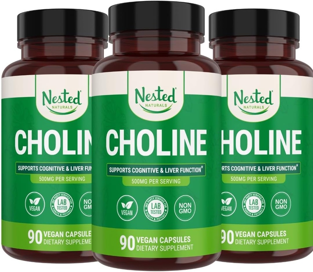 Nested Naturals Bitartrate de Choline 500mg de supplément de Choline de haute puissance soutient la performance cognitive et la fonction hépatique.