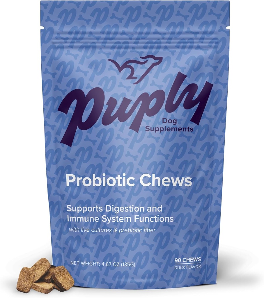 Probiotiques pour chiens - Mâches molles préparées par les vétérinaires avec fibre prébiotique - Soutient le soulagement de la digestion, de l'immunité et de l'allergie - Délicieux parfum de canard - 90 Comte