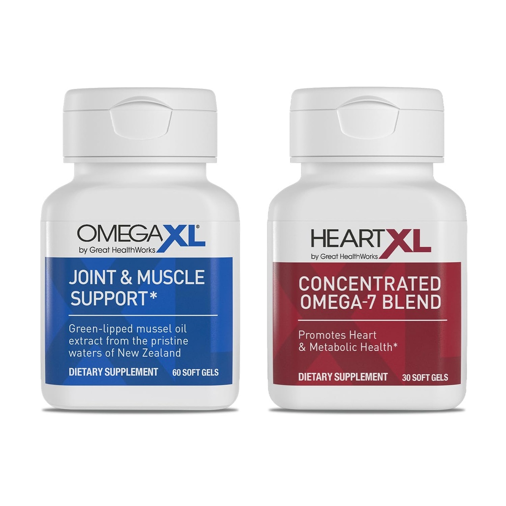 Supplément de soutien conjoint OmegaXL - Support musculaire naturel, Huile de moules à lipure verte, pilules de gel souple, sans médicament, 60 comte + coeurXL 30 comte, mélange Omega-7 à haute puissance