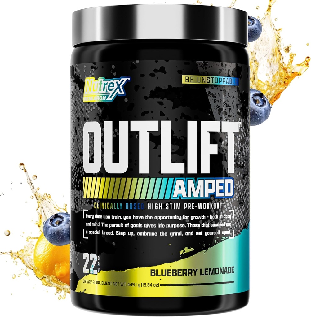 OUTLIFT Amplied Max dosed High STIM Pre Workout Powder, 6G Citrulline, 3.2G Beta Alanine, Alpha GPC, CognatiQ, Extrême énergie, Pompes massives, Electrolytes, Nootropics Blueberry Lemonade - 22 Serv