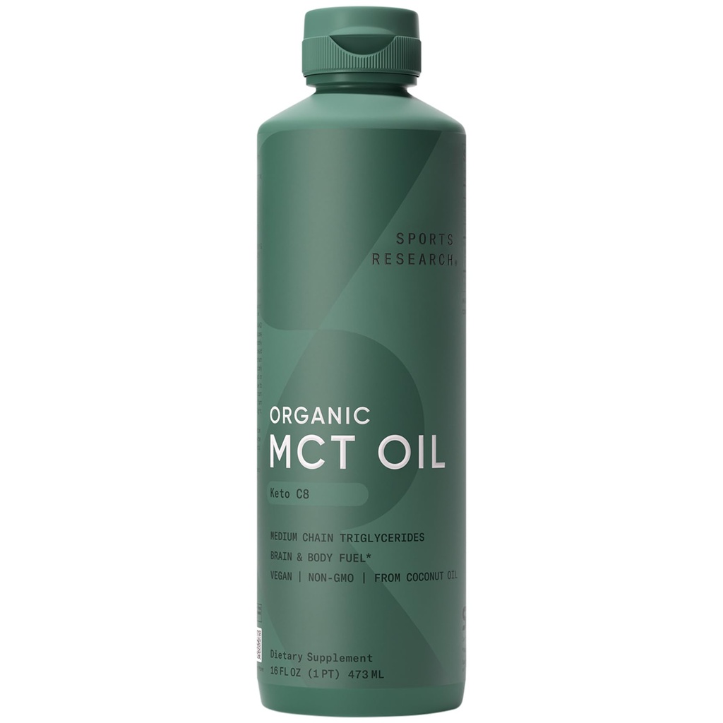 Recherche sportive Keto MCT Huile de noix de coco organiques - Combustible acide gras pour le corps + cerveau - Un seul ingrédient C8 acide caprylique - Parfait dans le café, le thé, et plus - Non-OGM et végétalien - Non aromatisé (16 Oz)