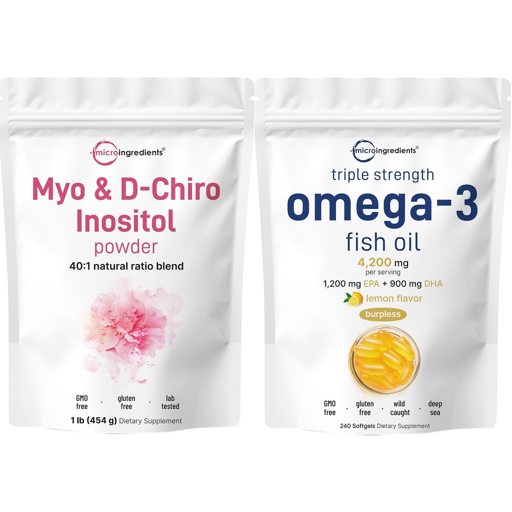 Micro-ingrédients Omega-3 Huile de poisson 4,200 mg Softgels & Myo & D-Chiro Inositol Powder Bundle 2 Pack