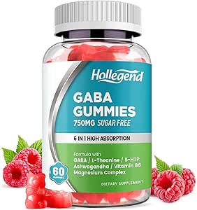 Gommies GABA, Gommies anti-stress sans sucre pour adultes, supplément de GABA L-théanine à haute puissance avec Magnésium, Ashwagandha, 5-HTP et vitamine B6 pour la santé Zzz & Cerveau, Vegan, 60