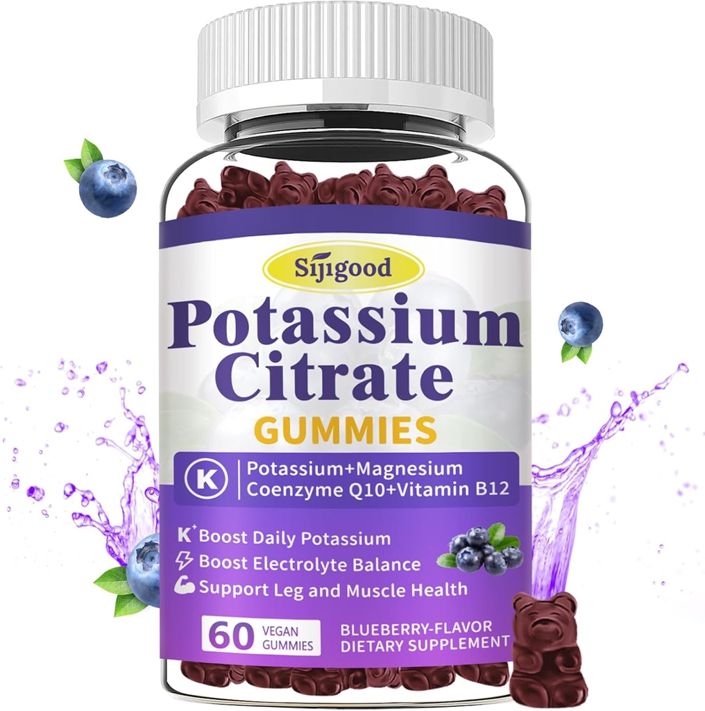 Gommies de citrate de potassium – Supplément de potassium pour la santé musculaire, le soulagement des crampes des jambes et l'équilibre électrolytique, végétalien, non-OGM, sans gluten, saveur de bleuet, 60 comte