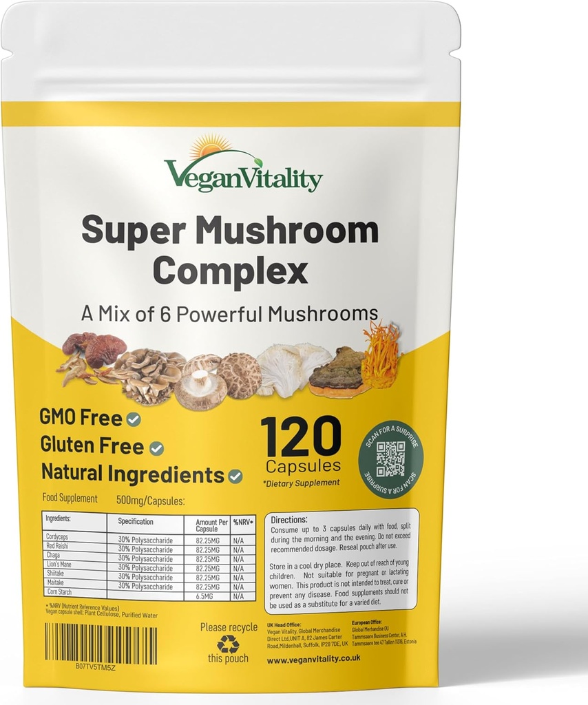 Vegan Vitality Multi Mushroom Complement Complex - 120 capsules avec Reishi, Chaga, Shitake, Maitake, Lion's Mane et Cordyceps pour le soutien du cerveau, de l'énergie, du focus et de la mémoire