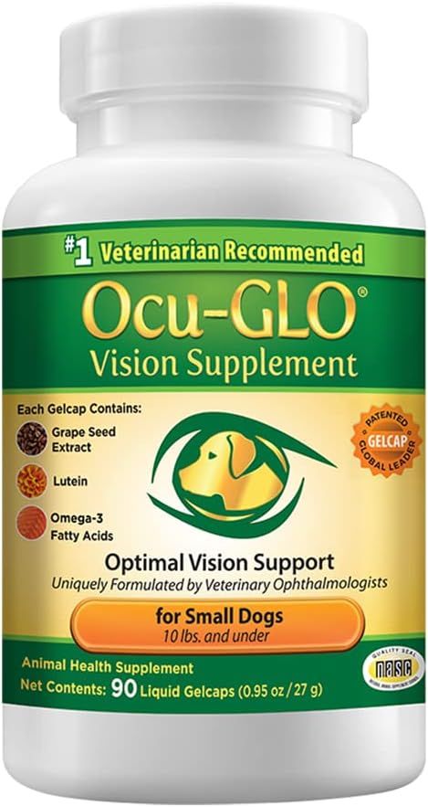 Supplément de vision Ocu-GLO pour petits chiens - Lutéine, Acides gras oméga-3, Extrait de graines de raisin - Soutien optimal de la santé oculaire et de la vision chez les chiens - Antioxydants pour la santé oculaire canine - 90ct CAPS SNIP