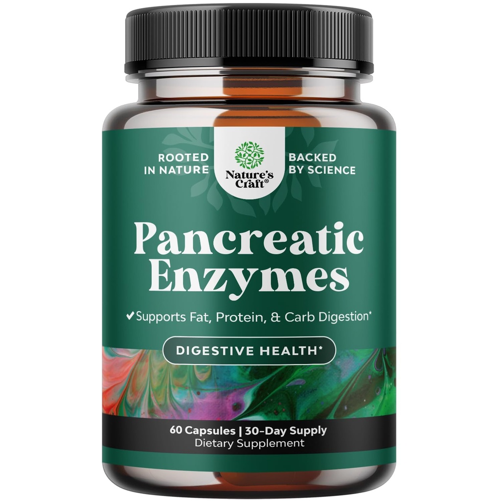 Pancréatine Enzymes digestifs Digestion pour la santé des intestins - Enzymes digestifs pancréatiques pour les femmes et les hommes avec protéase, lipase et Amylase - Bloose, santé de l'estomac, graisse, glucides et protéines - 60 Compte