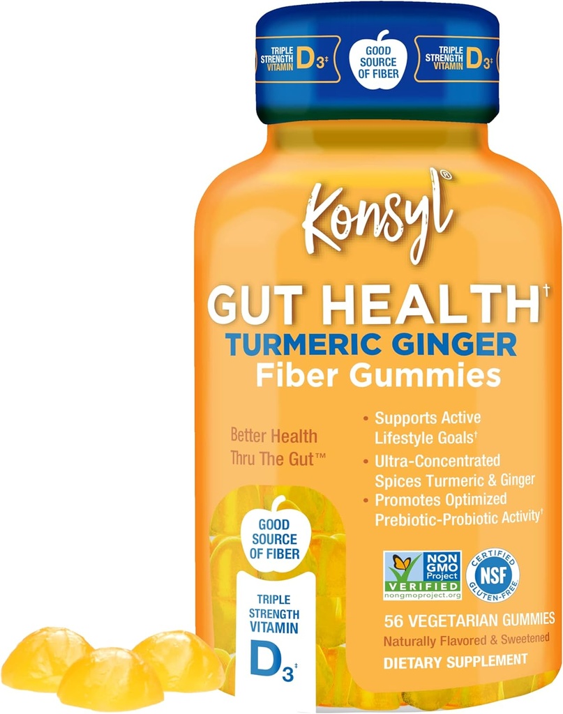 Konsyl Gut Santé Gingembre Turcuma Gingembre Gummies - Aide à soutenir la santé digestive+ - Supplément de fibre végétarienne Gummies pour adultes- 56 Comte