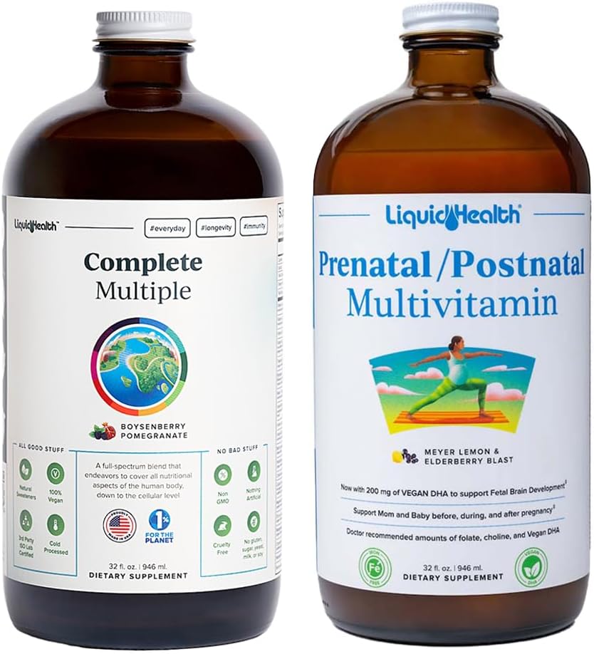 LIQUIDHEALTH Ensemble complet de vitamines liquides multiples et prénatales/postnatales - Multivitamines quotidiennes adultes pour hommes et femmes, soutien immunitaire, vitamines de grossesse pour maman et bébé - USA Made, Vegan