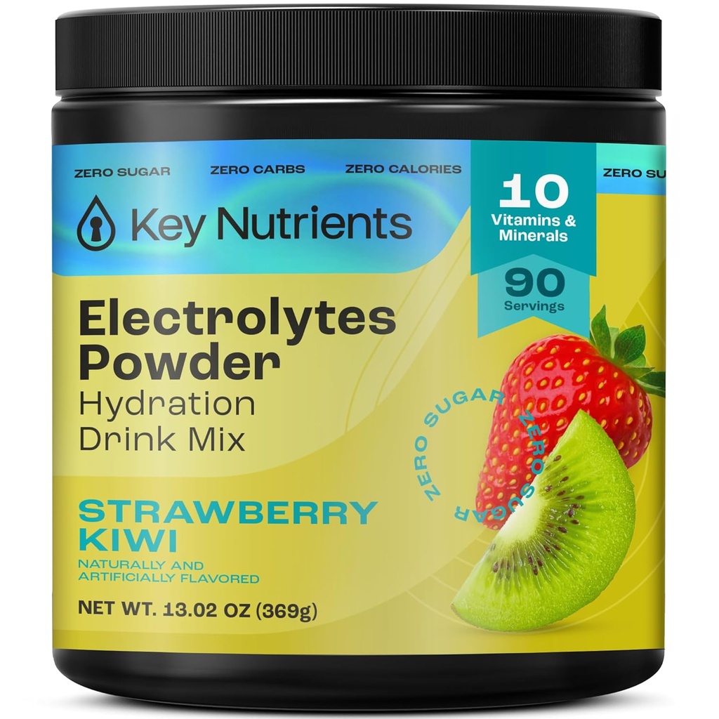 NUTRIENTS CLÉS Électrolytes Multivitamine Poudre Pas de sucre - Poudre d'électrolyte Kiwi de fraise juteuse - Supplément Endurance & Energie - Poudre d'hydratation - Pas de Calories - 90 portions - Fabriqué aux États-Unis