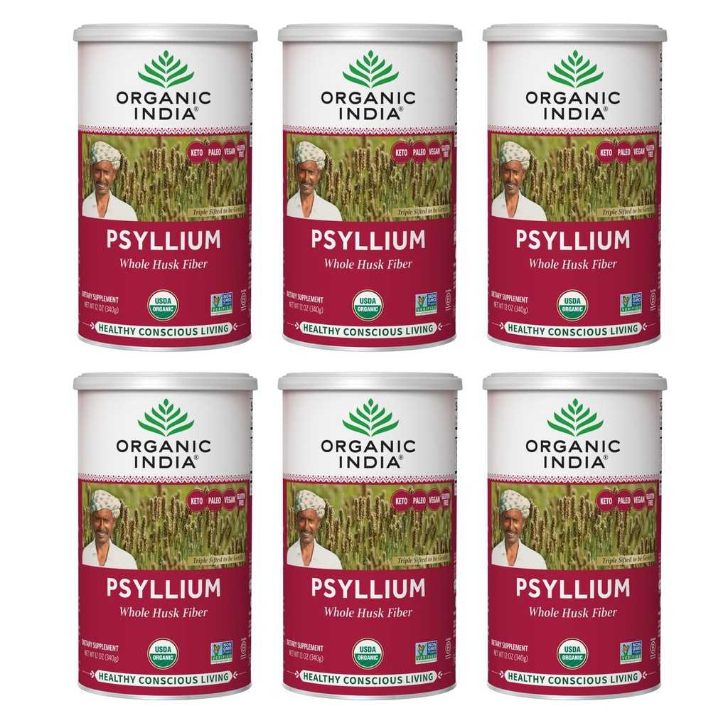 INDE ORGANIQUE Poudre de musc de Psyllium entière Organique - Supplément de fibre de musc de Psyllium, Soutien de digestion, Vegan, Sans gluten, Non-OGM, Soluble & Insoluble Fibre Source - 12 oz Canister, 6 Pack