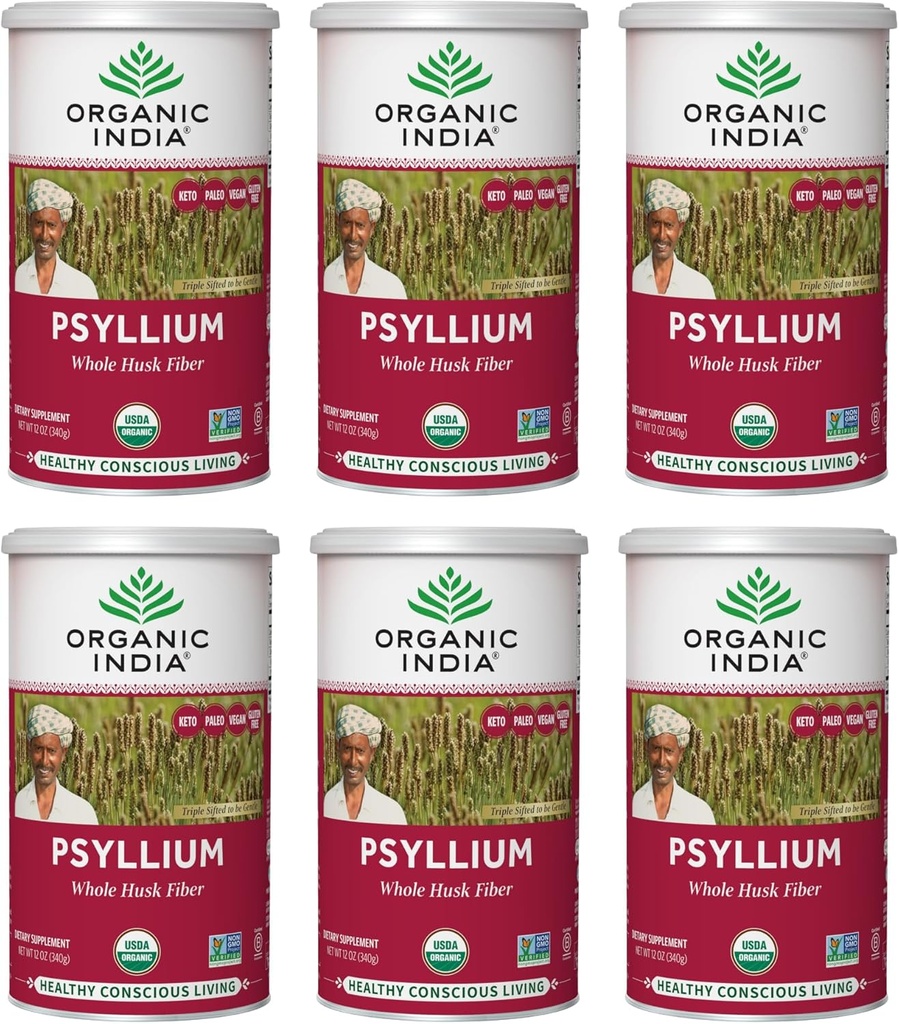 INDE ORGANIQUE Poudre de musc de Psyllium entière Organique - Supplément de fibre de musc de Psyllium, Soutien de digestion, Vegan, Sans gluten, Non-OGM, Soluble & Insoluble Fibre Source - 12 oz Canister, 6 Pack