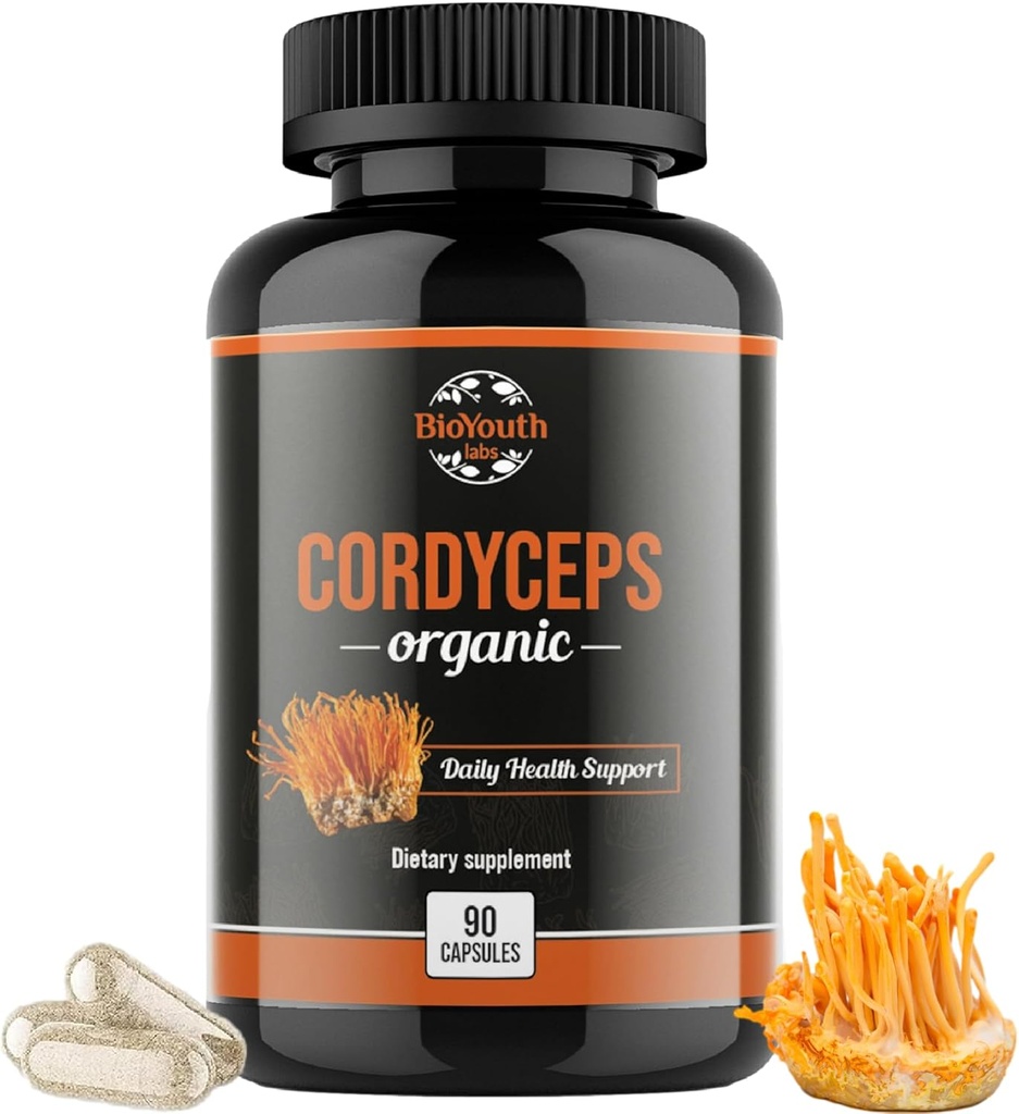 Supplément diététique bio Cordyceps - Boost énergétique naturel et soutien respiratoire avec Cordyceps Militaris, cliniquement soutenu, sans OGM et sans allergène