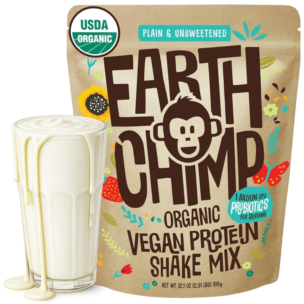 EarthChimp poudre de protéines végétales organiques - avec des probiotiques - Non OGM, sans lait, sans lactosérum, à base de protéines végétales pour les femmes et les hommes, sans gluten - 26 portions 32 Oz (Plain et non sucré)