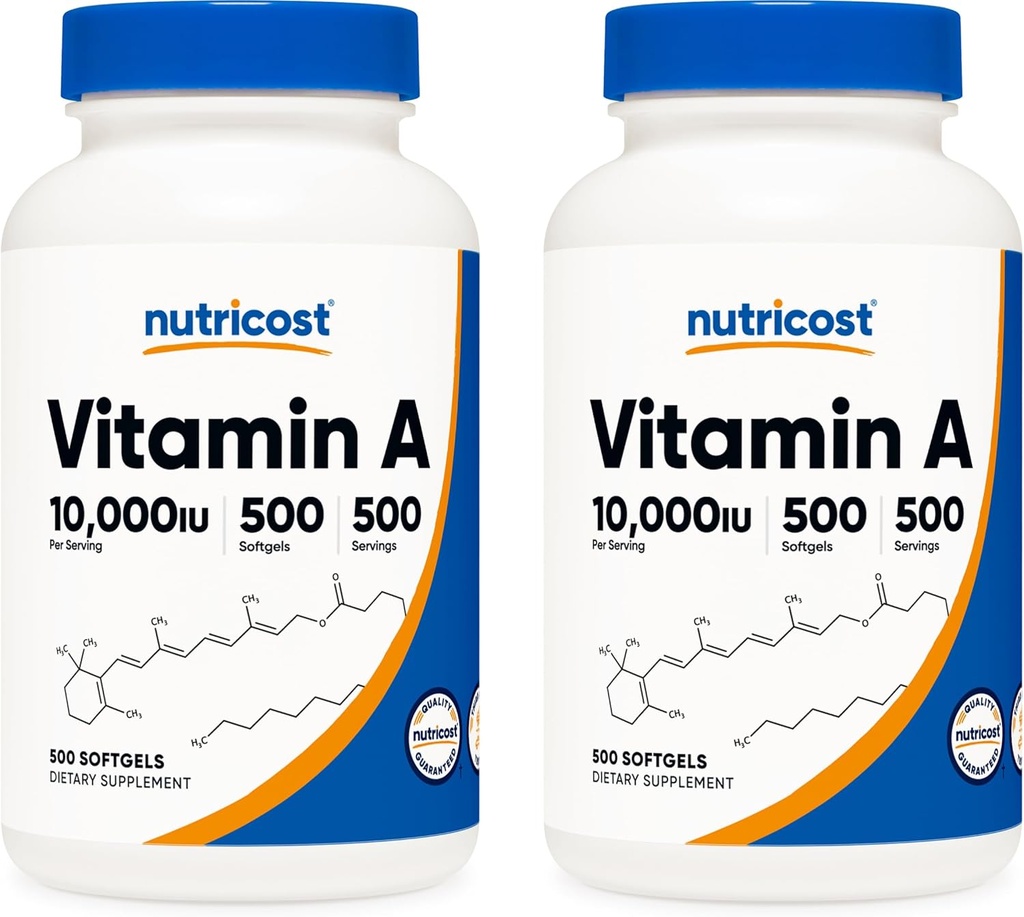 Nutricost vitamine A 10 000 UI, 500 softgels (2 bouteilles)