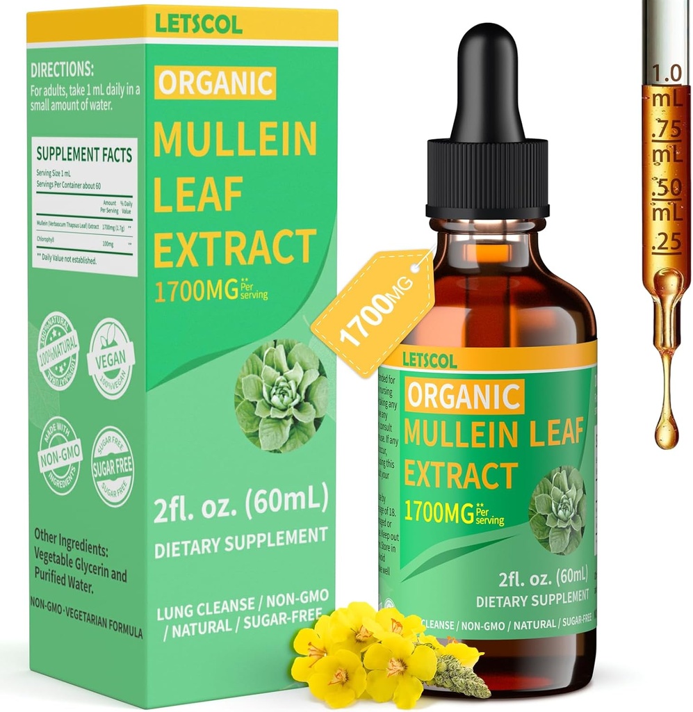 Gouttes de Mullein bio pour le nettoyage pulmonaire, puissant 1700mg Mullein Leaf Extract pour le soutien immunitaire et respiratoire, Natural Mullein Supplément Teinture gouttes non-OGM et végétalien, 2 Fl Oz