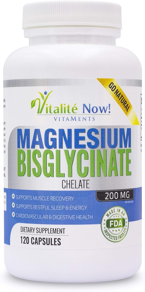 Bisglycinate de magnésium 200mg 100 % chélaté - Absorption maximale et biodisponibilité, entièrement réacté et tamponné, sans effet laxatif - Sommeil, énergie, crampes des jambes, maux de tête - non-OGM