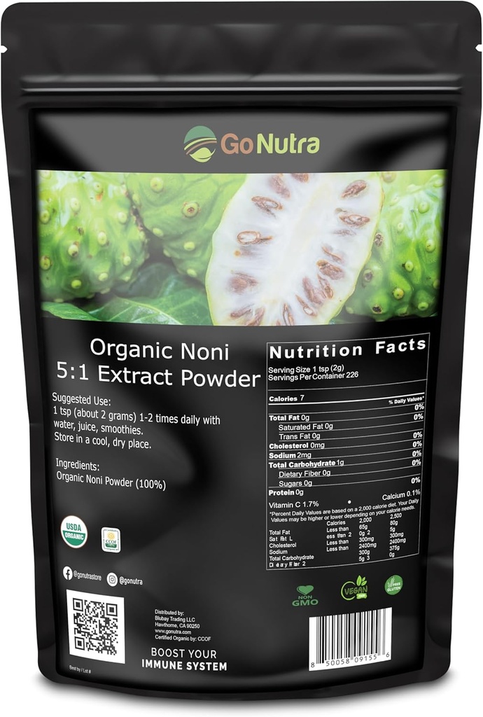 Noni Poudre de fruits organiques 5:1 Extrait Pure 1 lb. (16 oz) Superfood Noni Poudre