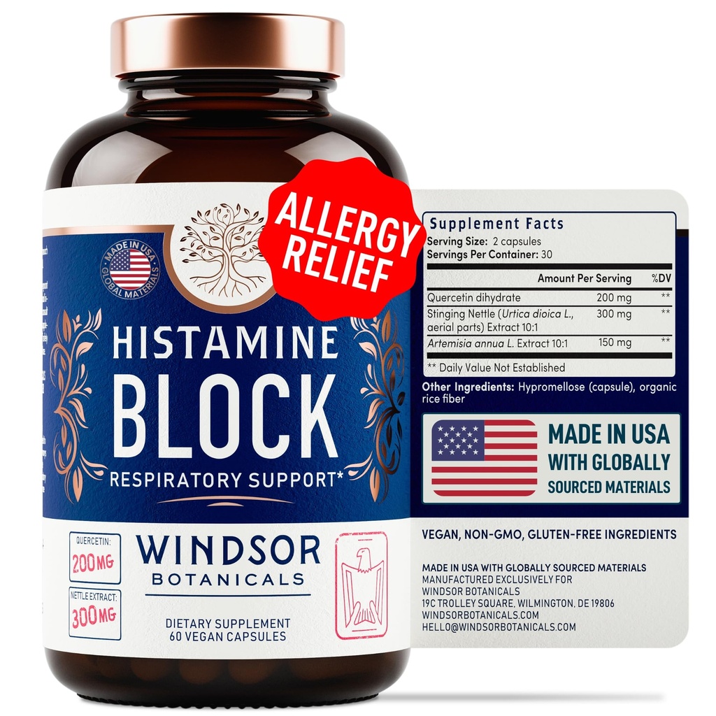 Bloqueur d'histamine pour les allergies - Quercetin, Nettle sting Flavonoïdes comprimés antihistaminiques naturels - Suppléments anti-allergies et antihistaminiques pour adultes - 60 gélules d'histamine végane