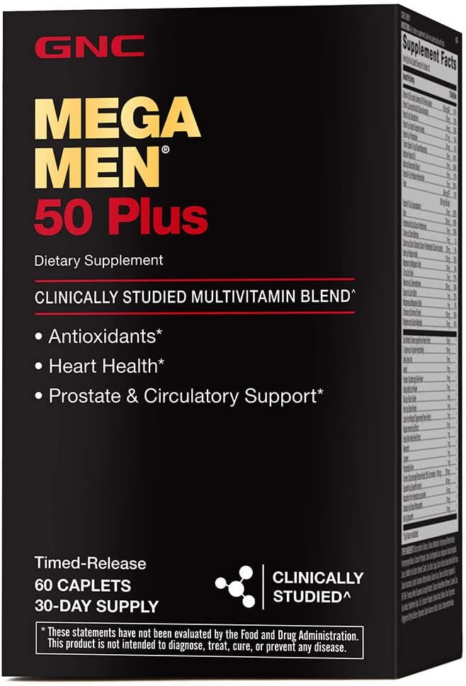GNC Mega Hommes 50 Plus Caplets multivitamines, cliniquement prouvé, Santé du coeur et de la prostate, Vitamines B, Saw Palmetto, Mémoire, Vitamine D-3, 60 nombre