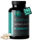 Monolaurin 1000mg Capsules — Fabriquées avec du glycérol pur et de l'acide laurique à partir de noix de coco crues — Végétaux naturels — Sans OGM et sans soja — 240 Capsules