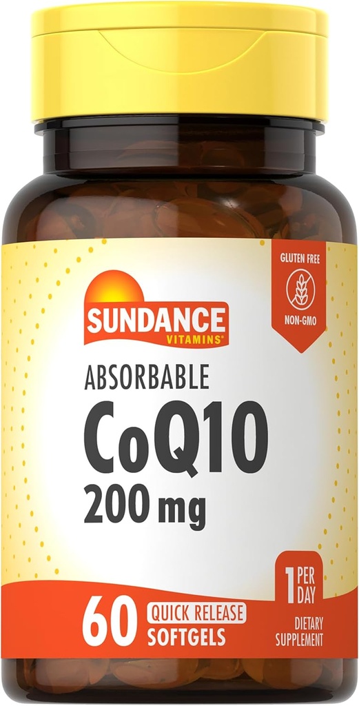 Sundance CoQ10 200mg Softgels (60 Count) avec extrait de poivre noir (non-OGM et supplément sans gluten)