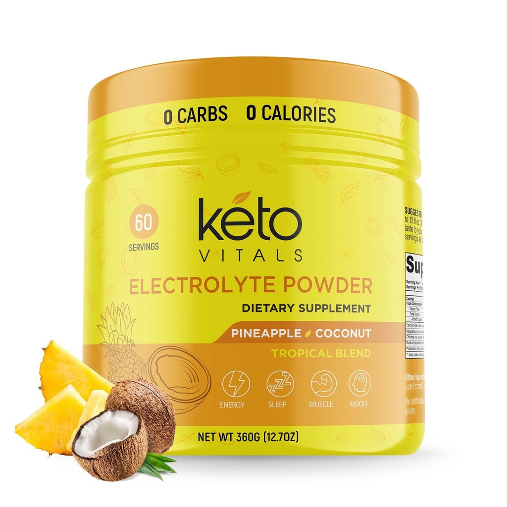 Keto Vitals Electrolytes Poudre - Sans sucre Kéto Electrolytes Poudre avec Potassium, Magnésium, Sodium, et Calcium - Sans sucre Electrolyte Buvez Mix & Poudre d'hydratation, 60 portions, noix de coco ananas