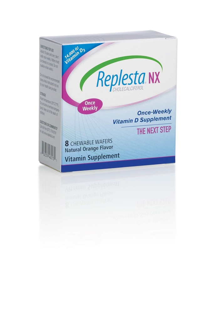 Replesta NX 14 000 UI Vitamine D3 Cholecalciferol, pour déficit en vitamine D, Wafer à croquer une fois par semaine, non-OGM, saveur d'orange naturelle, 8 comprimés