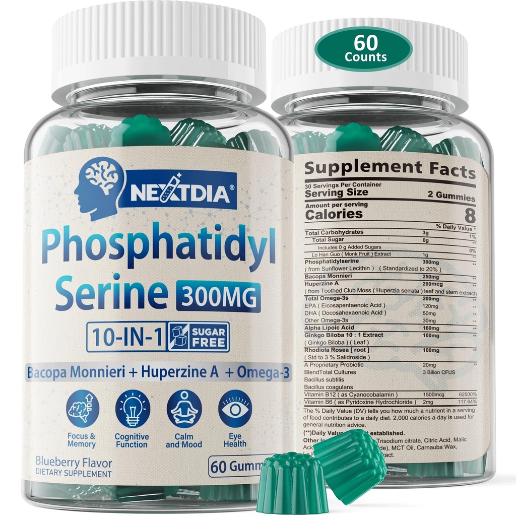 Phosphatidylsérine - Nootropic Brian Supplément, Focus & Energy Gummies + Bacopa Monnieri, Omega 3, Huperzine A, Methyl B12 & B6 pour les aînés, les joueurs, les travailleurs, non-OGM, sans caféine, sans sucre, 60 Cts