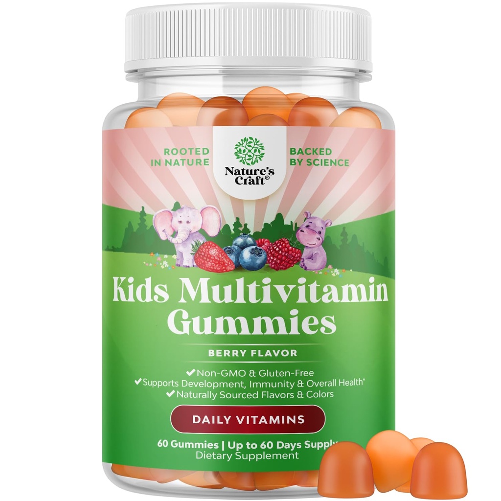 Gummies multivitamines bio pour enfants de l'USDA - Multivitamines pour enfants Immune Support avec les vitamines A, C, D3, E, B6 & B12, Zinc & Iodine - Vitamines pour enfants Formule à croquer pour une santé forte - 60 Compte