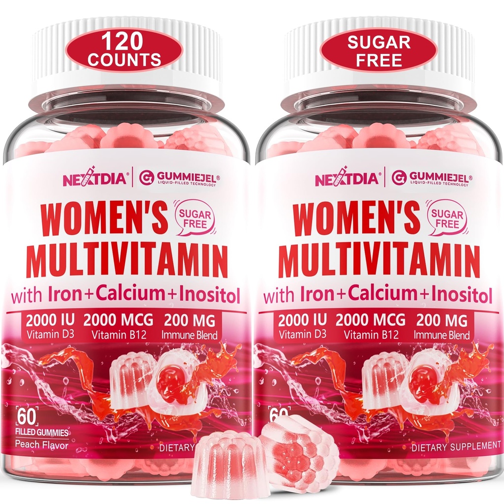 (2 Pack) Multivitamine sans sucre méthylée pour les femmes Gummées avec Calcium, D3 K2, Inositol, Folate, Biotine, Fer, Vitamine A, C, E, B Complexe - Multivitamines et minéraux - Énergie, Immune, Bone - Vegan