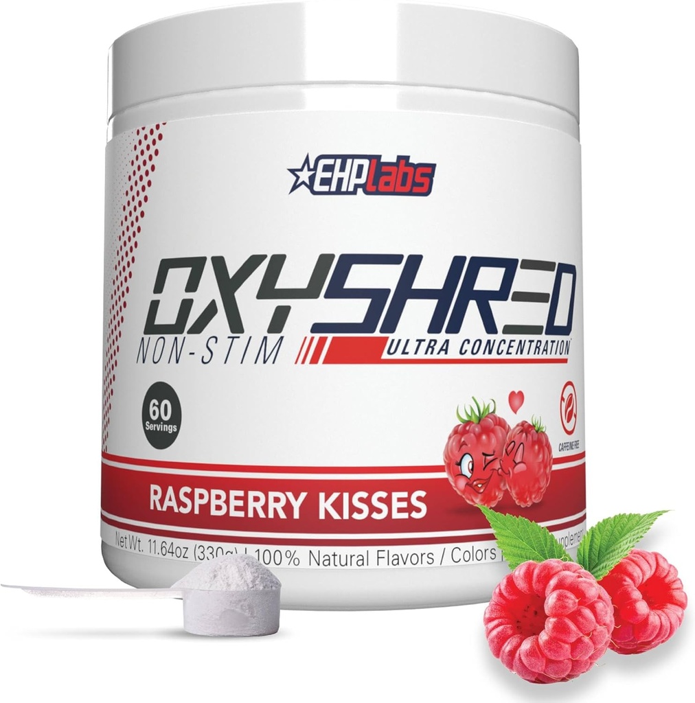 EHP Labs OxyShred Non Stimulant Pre Workout Poudre - Stim Free, Caffeine Free Preworkout pour les hommes et les femmes - Non Stim Preworkout - Sugar Free Energy Poudre - Framboise, 60 portions