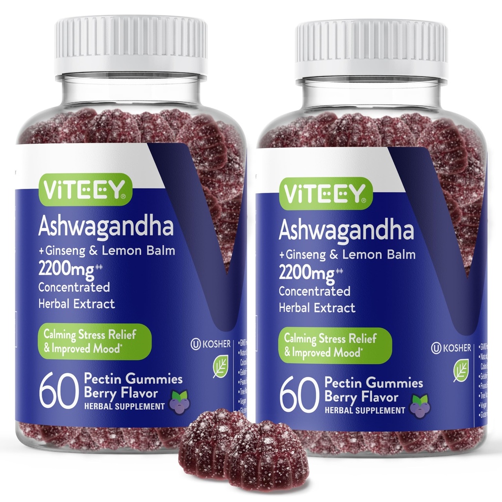 Viteey Ashwagandha Gummies with Ginseng & Lemon Baume - Mood, Calm & Stress Support Suppléments Ashwagandha - Vegan, sans gluten - 120 Comte