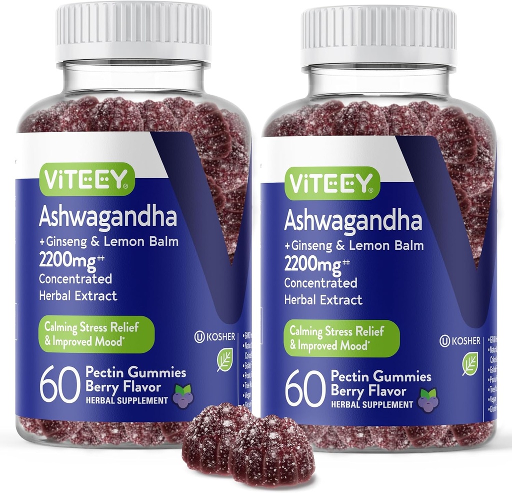 Viteey Ashwagandha Gummies with Ginseng & Lemon Baume - Mood, Calm & Stress Support Suppléments Ashwagandha - Vegan, sans gluten - 120 Comte