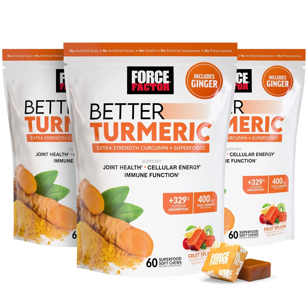 Force Factor Better Turmeric Joint Support Supplement for Extra Strength Joint Health, Featuring HydroCurc Turmeric Curcumin with Black Pepper for Superior Absorption, Fruit Splash, 180 Soft Chews
