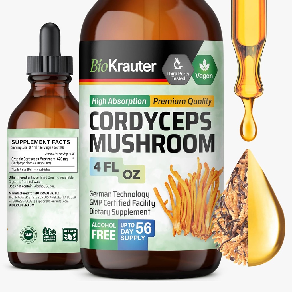 BIO KRAUTER Cordyceps Extrait de champignons - Cordyceps Sinensis Extrait de champignons liquides - 670 mg par portion - Vegan, sans alcool et sans sucre - 4 Fl.Oz.