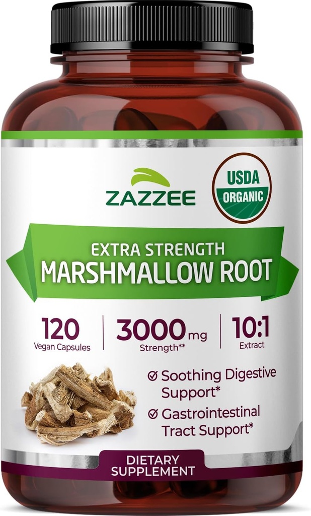 Zazzee USDA Organic Marshmallow Root 10:1 Extract, 3000 mg Strength, 120 Vegan Capsules, 4 Month Supply, Standardized, Concentrated 10X Extract, 100% Vegetarian, All-Natural, Non-GMO, Made in The USA